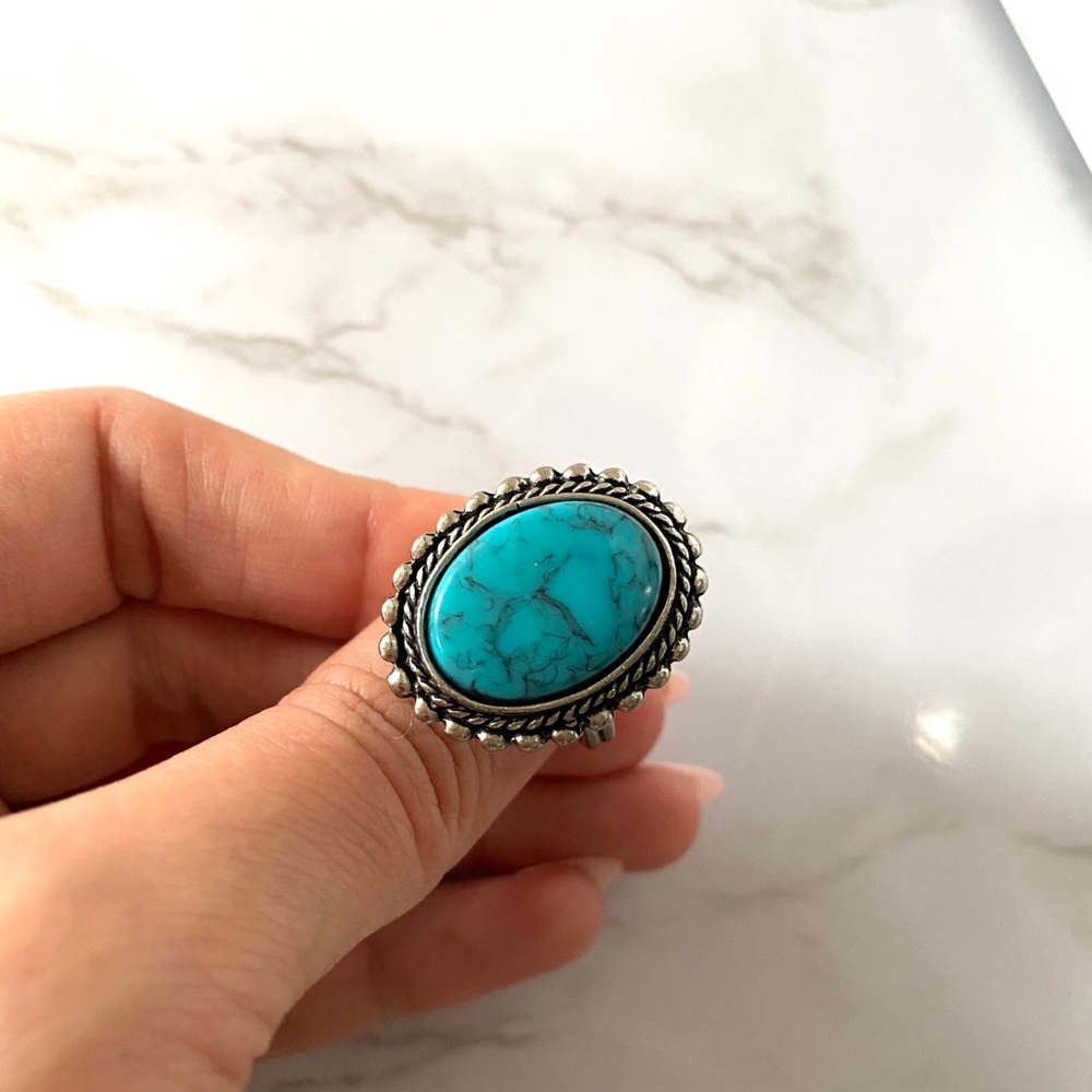 Large Turquoise Stone Adjustable Ring Vintage - image 1
